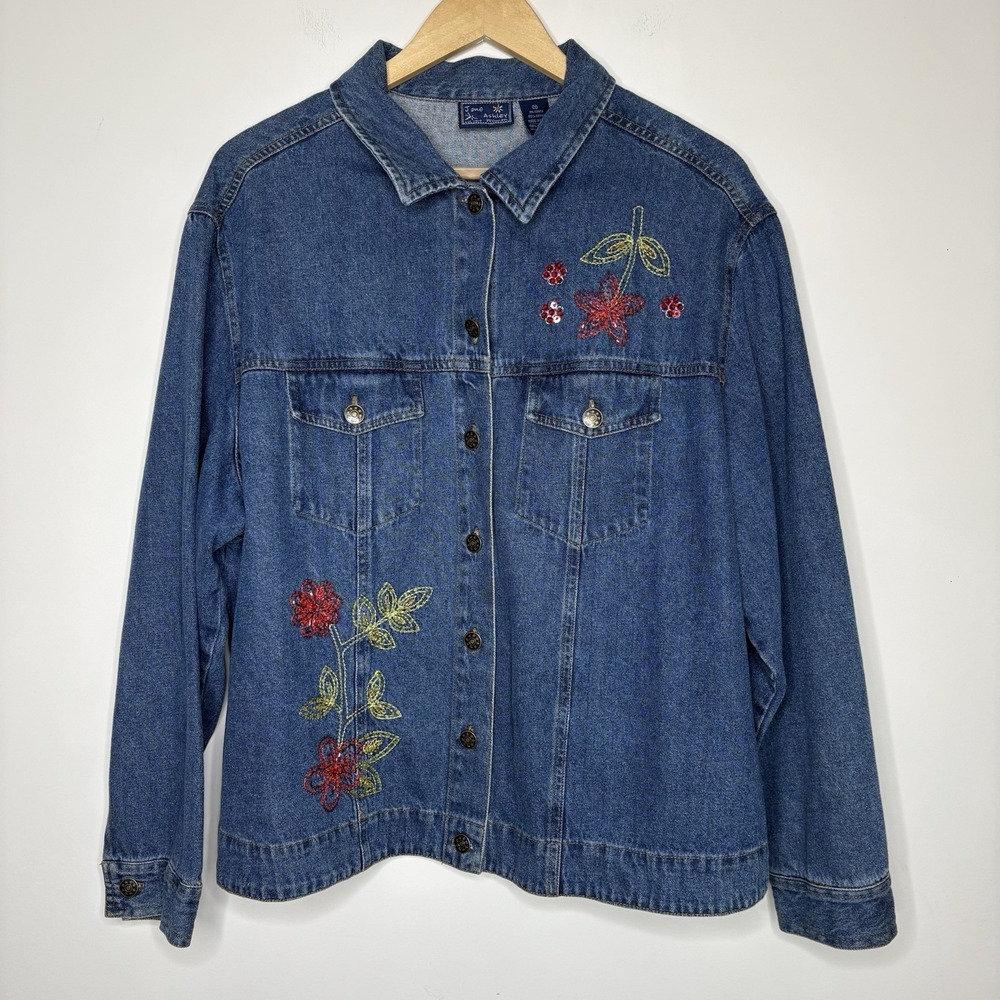 Jane Ashley Denim‎ Trucker Jacket Embroidered Beaded Flowers Size 2X 100% Cotton